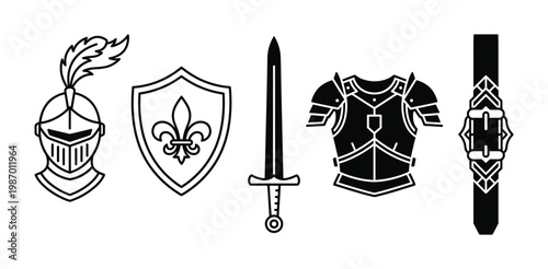 Vector icons of medieval knight armor and weapons: helmet, shield, sword, chest plate. Ideal for historical, fantasy designs, gaming, or strong branding.