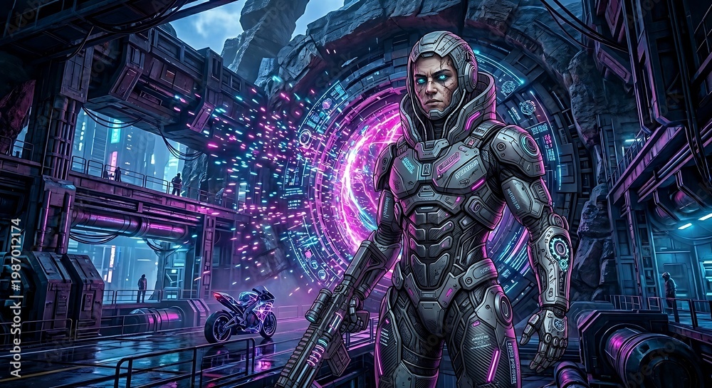 Fototapeta premium Futuristic Cybernetic Soldier Standing Before a Neon Portal