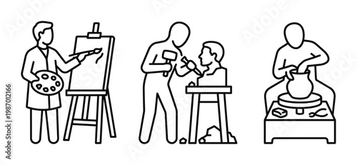 Line art icons depicting various creative professionals: painter, sculptor, and potter. Perfect for art studios, workshops, or hobby-related content.