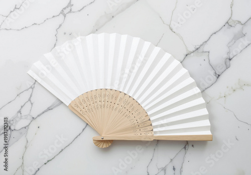 Blank white folding hand fan mockup lying on marble, ai generated