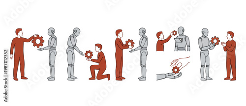 Human and Robot Interaction, Man Holding Gear Cog, Artificial Intelligence Concept, Engineering Partnership and Collaboration, Technological Innovation, Automation Repair and Technical Support Icons S