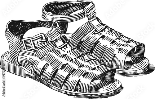 Classic leather sandals with buckle straps, vintage hand drawn summer footwear illustration