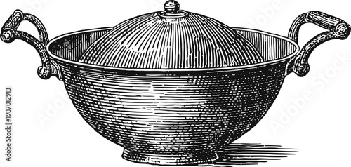 Antique metal serving dish with lid and handles vintage kitchenware illustration in engraved