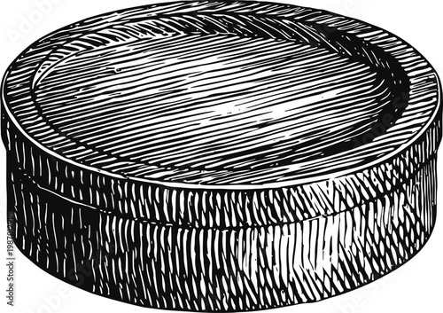 Round wooden box with lid, hand drawn vintage container for storage and packaging design
