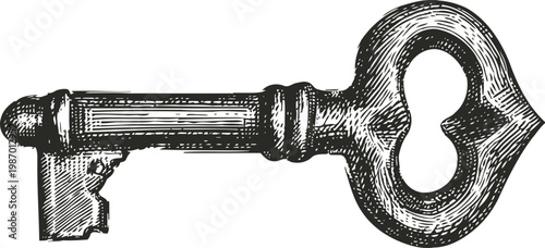 Vintage antique skeleton key illustration with detailed engraving and ornate design
