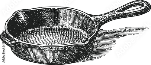 Vintage cast iron skillet with handle, rustic cookware engraving illustration for kitchen and cooking