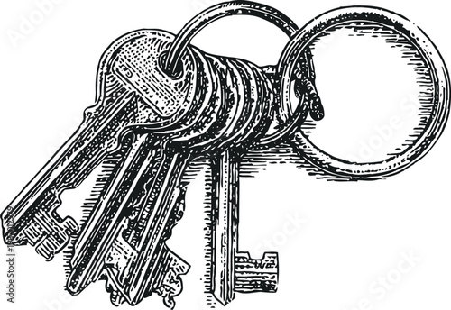 Vintage hand drawn bunch of metal keys on a keyring detailed illustration in black and white