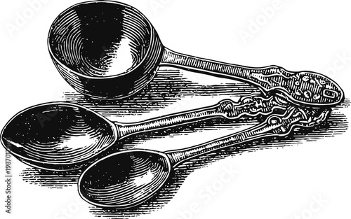 Vintage measuring spoons and scoop classic kitchen utensils for precise cooking and baking hand drawn engraving illustration