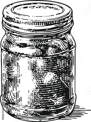 Vintage mason jar illustration with preserved food inside, rustic kitchen storage container design