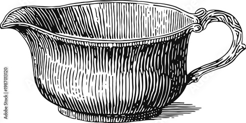 Vintage ornate gravy boat illustration with detailed handle and textured shading