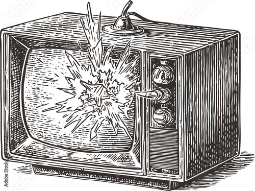 Vintage television with broken screen and explosion effect, retro technology illustration