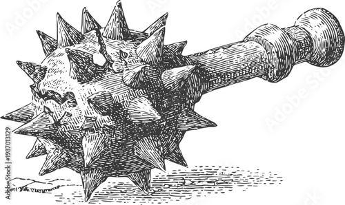 Medieval spiked mace weapon with wooden handle vintage hand drawn illustration of a skull shaped flail