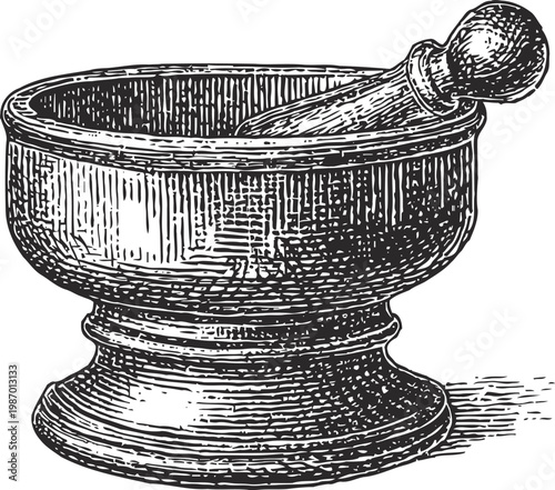 Mortar and pestle illustration traditional grinding tool for spices and herbs vintage engraving