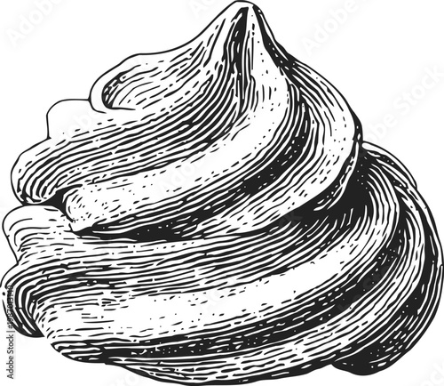 Whipped cream swirl vintage hand drawn vector drawing of creamy dessert topping with soft texture and smooth surface