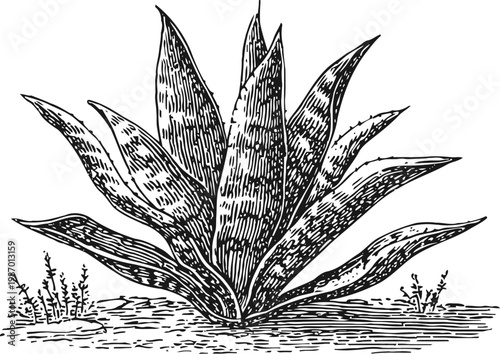 Illustration of agave plant with long pointed leaves growing in the ground