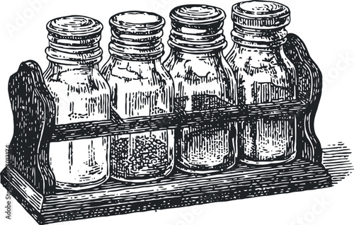 Vintage spice jars in wooden rack, glass containers with lids for kitchen storage and seasoning organization