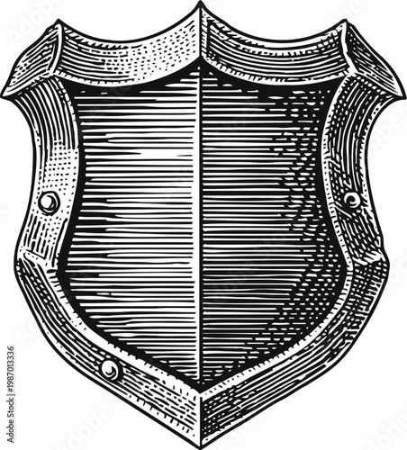 Vintage medieval shield with detailed engraving and rivets, heraldic emblem design for protection and defense