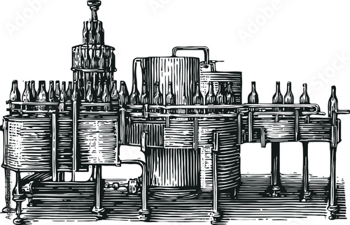 Vintage bottling machine with conveyor belt and glass bottles in an industrial factory setting