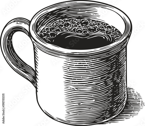 Classic coffee cup filled with hot brewed coffee, detailed vintage hand drawn illustration