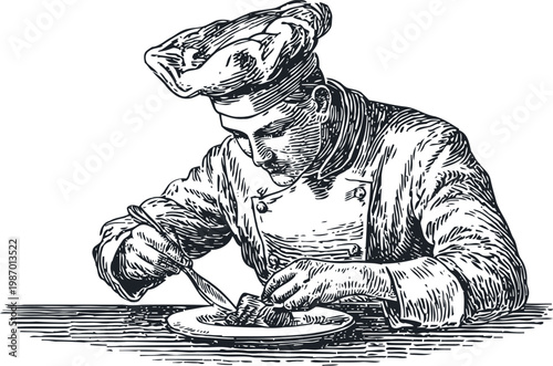 Chef preparing gourmet dish carefully traditional kitchen, cooking, culinary art, professional chef dressed