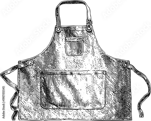 Vintage apron illustration with pockets, adjustable neck strap, and waist ties for cooking or crafting