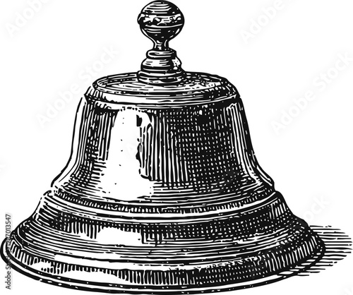 Vintage handbell illustration classic metal ringing bell with detailed engraving and shading