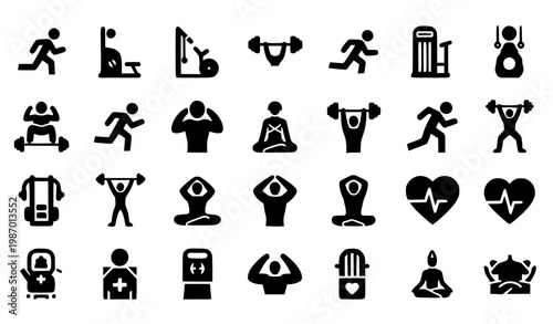 Fitness silhouette icons black vector gym workout exercise and health symbols minimal design set