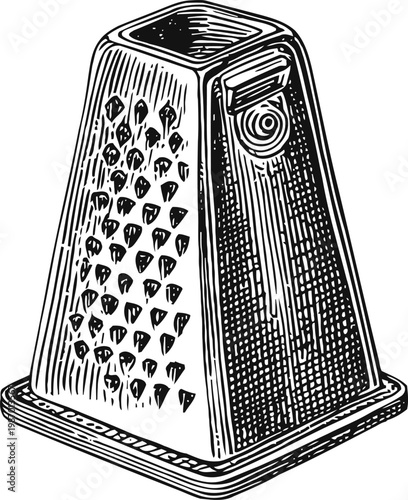 Vintage kitchen grater illustration traditional metal cheese and vegetable grater with handle hand drawn cooking utensil engraving