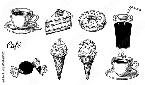 Retro Sketch Dessert and Drink Vector Set with Tea Cake Donut Coffee and Ice Cream