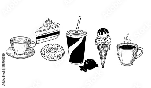Retro Dessert and Beverage Sketch Vector Set with Cake Donut Tea Coffee and Candy