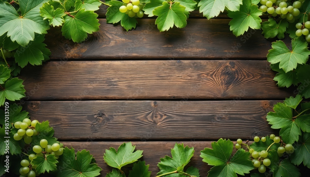 Fototapeta premium Rustic dark wood table surface framed by green grapevine leaves and light grapes. Offers natural organic copy space for menus, wine lists, or vineyard promotion.