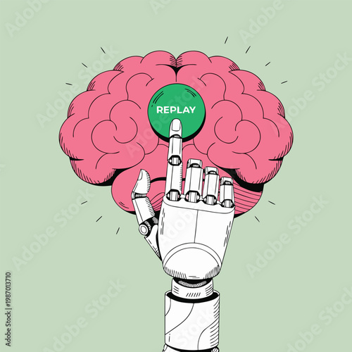 A robotic hand presses a replay button positioned within a stylized human brain illustration