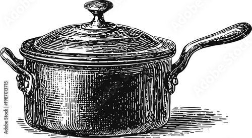 Vintage cast iron cooking pot with lid and handle, classic kitchenware illustration