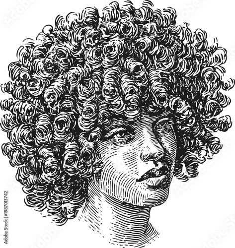 Vintage engraved portrait of a young person with voluminous curly hair, detailed line art illustration