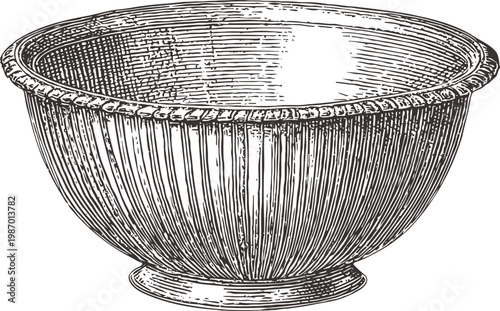 Vintage metal bowl with detailed engraving and ribbed texture, antique kitchenware illustration