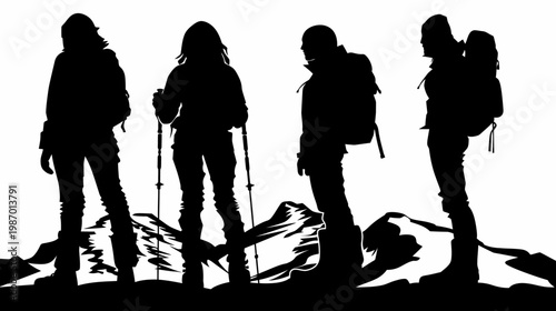 Silhouetted hikers stand on a mountain ridge, each wearing gear. Four figures are depicted