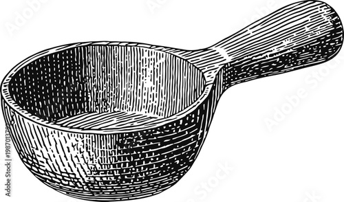 Wooden scoop with handle engraved in vintage kitchen utensil for measuring and serving dry ingredients traditional cooking tool illustration