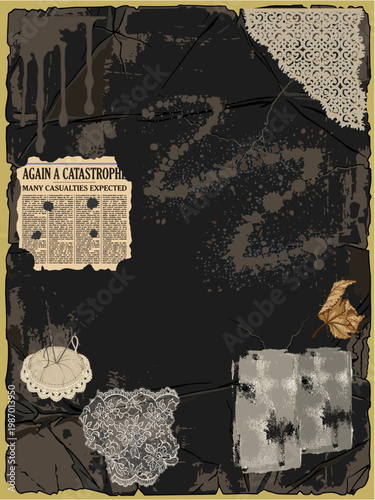 Dark grunge collage background with burned newspaper fragment and stains
