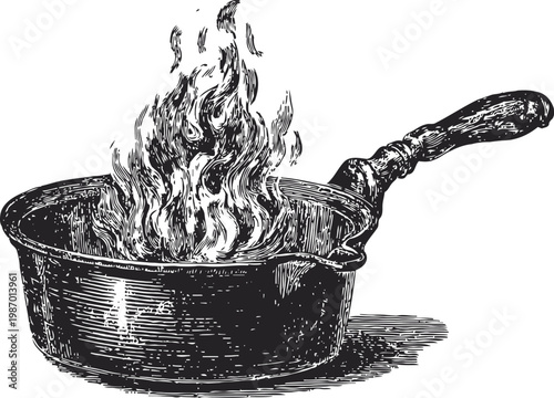 vintage frying pan with flames illustration retro kitchen cooking utensil with fire hand drawn engraving cookware image