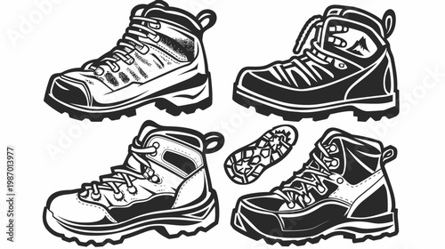 A collection of hiking boots in a simple, monochrome style, shown from different perspectives
