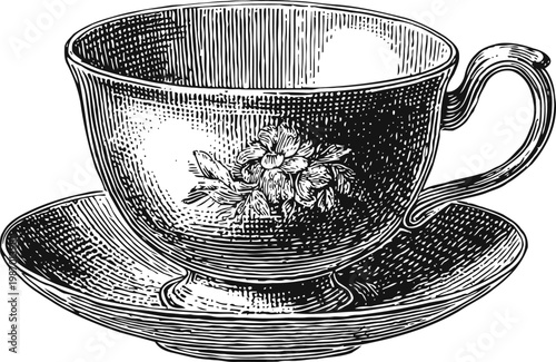 Vintage teacup and saucer with floral design, engraved black and white illustration