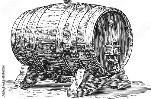 Wooden barrel with metal bands for aging and storing liquids, vintage vintage engraving illustration