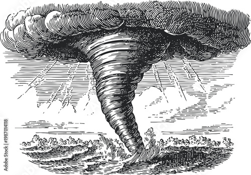 Tornado swirling over land with dark storm clouds and lightning bolts striking around