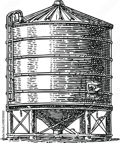 Industrial silo with ladder and conical roof large metal storage container for grain and bulk materials vintage hand drawn illustration
