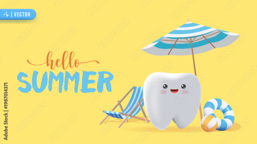 Fototapeta premium 3D Cute Tooth Character Relaxing on Beach with Umbrella Deck Chair and Float. Summer Vacation Dental Concept