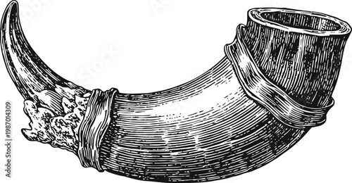 Hand drawn vintage powder horn engraving colonial era container for gunpowder with wooden stopper and leather straps