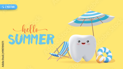 3D Cute Tooth Character Relaxing on Beach with Umbrella Deck Chair and Float. Summer Vacation Dental Concept