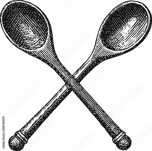 Crossed wooden spoons detailed engraving vintage kitchen utensil illustration in black and white