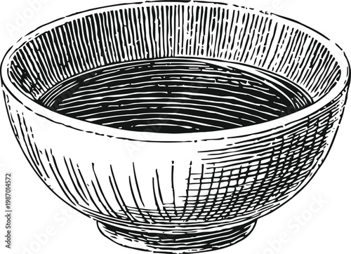 Hand drawn vintage bowl illustration empty ceramic dish with textured shading and crosshatch lines