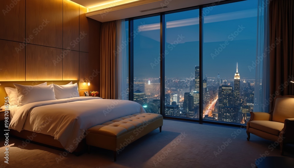 Obraz premium Bedroom with large window offers amazing city night view. Luxurious hotel suite features yellow bed, soft indirect lighting, comfortable armchair. Perfect urban escape.